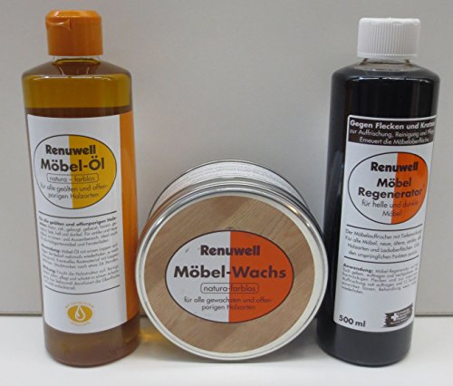 Renuwell Spar-Set Möbel Öl 500 ml + Regenerator 500 ml + Wachs 500 ml Set by Geizhaus24