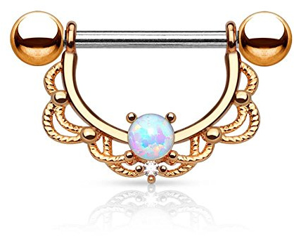 Paula & Fritz® Brustwarzen-Piercing Brustpiercing Frau Maenner Intimpiercing Mann Nippelpiercing Edelstahl Chirurgenstahl 316L Filigraner Bogen Opal Silber, Gelbgold, Roségold