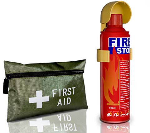 500 ml Fire Extinguisher +First Aid Kit. Ideal for Home Kitchen Taxi Caravans Boats Restaurants Workshops and Offices.
