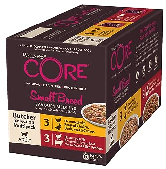 Wellness CORE Small Breed Savoury Medleys, Hundefutter nass für kleine Hunde, Butcher Selection Mix, 6 x 85 g, ohne Zuckerzusatz, getreidefrei, mit hohem Fleischanteil