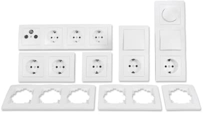 MC POWER - FLAIR - Wand Steckdosen und Schalter Set | Wohnlandschaft Dimmer | 20-teilig | Lichtschalter, Licht-Dimmer, Unterputz-Steckdosen, Antennendose weiß-matt