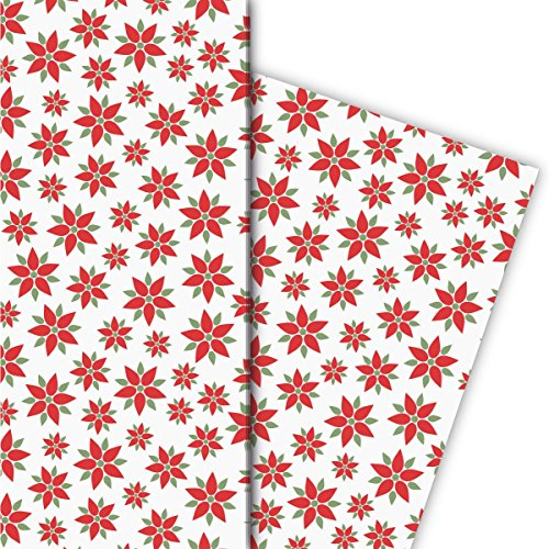 Kartenkaufrausch groß gemustertes Weihnachtspapier, Geschenkpapier Set zu Weihnachten mit Weihnachtsstern Blume, weiß, für tolle Geschenk Verpackung, Designpapier, 4 Bogen, 32 x 48cm