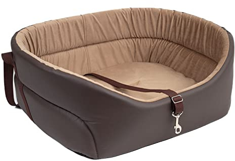 Esclusivo seggiolino auto per cani, gatti, sedile posteriore, passeggero | lettino, borsa per cani | Colore: Marrone - finta pelle, finta pelle scamosciata | Grande: L: 56 cm x 48 cm