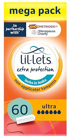 Lil-Lets Non-Applicator Ultra Tampons X 60, (6 Packs of 10 Tampons), For Extremely Heavy Flow, 6 Droplets, Plant-Based, SmartFit Non-App Tampon
