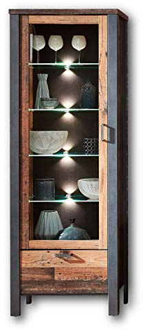 Stella Trading CARDIFF Vintage Vitrine in Used Style Optik (dark) - ausdrucksstarke Retro Glasvitrine inkl. LED Beleuchtung - 69 x 194 x 40 cm (B/H/T)