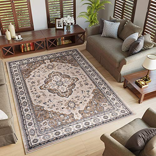 TAPISO Colorado Teppich Kurzflor Beige Creme Medallion Floral 180 x 250 cm | strapzierfähiger Teppich Wohnzimmer Klassisch Orientalisch Ornament Muster Orientteppich OEKO-TEX