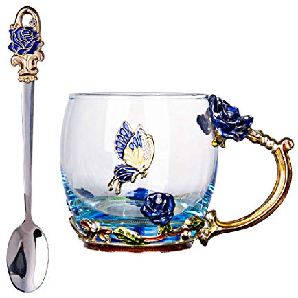 C&Z Taza de cristal esmaltado, diseño de mariposa y flor, sin plomo, taza de té, tazas de café con cuchara de acero para mujeres, cumpleaños, San Valentín, boda, regalo azul