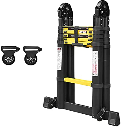 LZQ Scala pieghevole telescopica in alluminio, multiuso, 12 gradini, da 87 cm fino a 3,8 m, portata 150 kg, colore: giallo e nero, 1,9+1,9 m