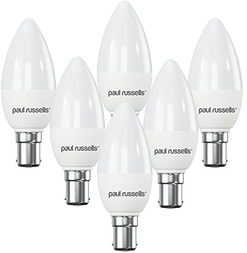 paul russells LED Light Small Bayonet Cap B15, 40watt Equivalent, 4.9W 470LM LED Bulbs, 6500K Bright Daylight, Frosted C35 SBC Candle Energy Saving Non-Dimmable Chandelier Lightbulbs, 6 Pack