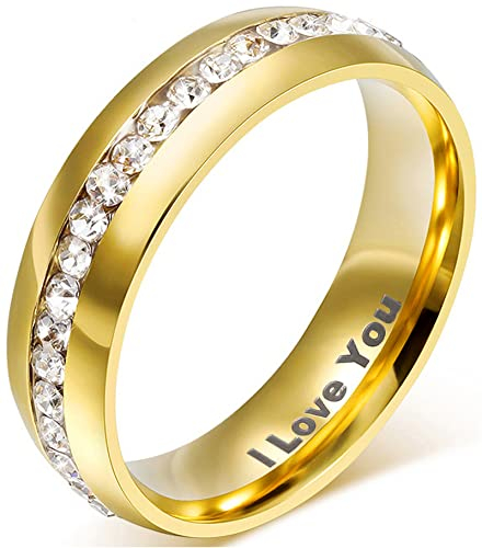 AMDXD Schmuck Hochzeitsring, 18K Vergoldet Gold Herren Damen Ringe Zirkonia Pave Elegante Polished Hochzeit Ehering Für Valentinstag Größe 65 (20.7) - Gravuriert I Love You