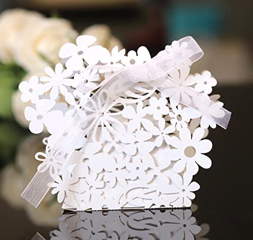 50 Stück Hohles Blumen Geschenkbox Geschenkschachtel Bonboniere Box Geschenkkarton Gastgeschenk Faltschachtel für Hochzeit Taufe Geburtstag Party Favor Tischdeko Brautpaar Geschenk Verpackung,Weiß