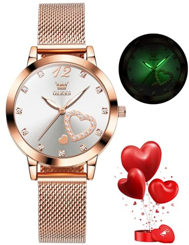 OLEVS Ladies Watch Japanese Quartz Rose Gold Stainless Steel Mesh Strap Diamond Luxury Dress Waterproof Luminous Bracelet Sets
