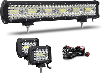 Willpower Barre Rampe LED 43cm + Phare LED 10cm 12V 24V pour 4x4 Voiture | LED Light Barre Lumineuse 360W + Feu Phare de Travail 60W, Avec Faisceau, pour Quad Camion Tracteur Offroad Véhicule Bateau