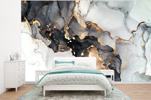 Selbstklebend Tapete Wandpapier Wandaufkleber Fototapete Tapeten Wanddeko 375x280 cm Marmor - Schwarz - Weiß - Gold - Luxus - Abstrakt