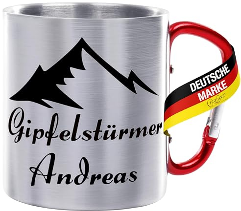 Crealuxe Edelstahltasse mit Karabiner personalisiert – Gipfelstürmer (Wunsch Name) – Kaffeebecher – individuell mit Spruch, Name oder Foto – 330 ml Becher