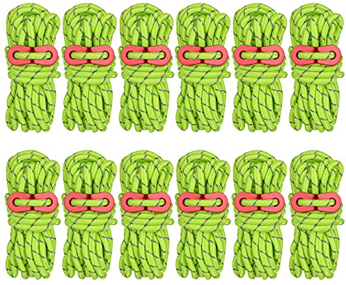 AKOLAFE 12 PCS Tent Guy Ropes, Reflective Green Tent Guide Rope Cord, 4M /13FT Tent Guy Ropes for Outdoor, Heavy Duty Camping Guy Lines, Guide Ropes for Camping, Gazebo, Awning & Tents