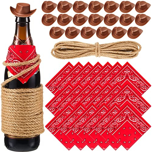 Leitee 20 Sets Mini Cowboy Hats for Crafts Plastic Tiny Cowgirl Hat with Bandannas for Western Cowboy Party Decoration(Red, Brown)