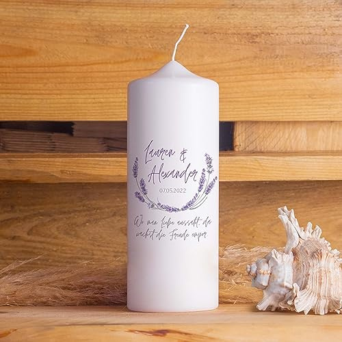 Hochzeitskerze | Lavendel | 15-30 cm Höhe | Traukerze | Personalisierte Kerze (Größe: 20 cm, Kerzenfuß: Ohne Strick/Dip)