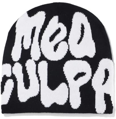 KieTeiiK Berretto a maglia con scritta “Mea Culpa”, da donna e uomo, largo, stile Y2K, nero e bianco, 41