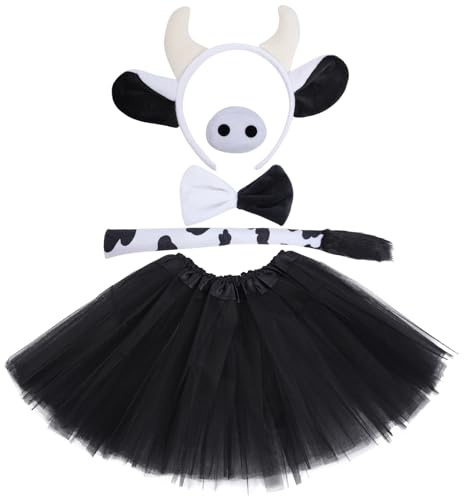 Yolyoo Kuh Kosten Set Milch Tier Stirnband mit Fliege Schwanz Tüllrock Tierkostüm für Halloween Karneval Fasching Party Cosplay (Schwarz)