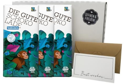 Die Gute Schokolade 3 Tafeln Geschenkset + Geschenkverpackung + Grußkarte Original Schweizer Milchschokolade Fairtrade