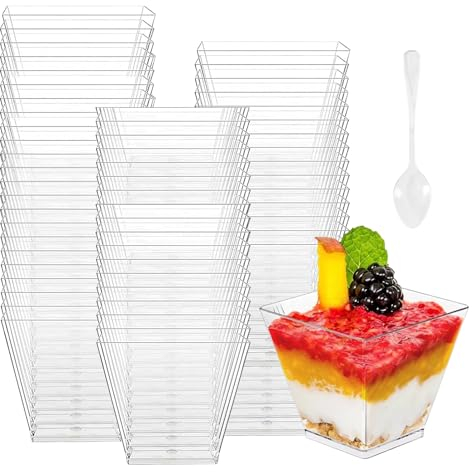 BASVII 100 Piezas 2oz/60ml Vasitos para postres con Cucharas, Vasos de postre de plástico Reutilizables tazas de postre para Pudín, Helado, Mousse, Bodas, Cumpleaños (Trasparente)