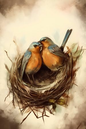 Acryl-Bild 80 x 120 cm: Zwei Vögel im Nest auf einem Grunge-Hintergrund. Digitale Zeichnung (201495174)
