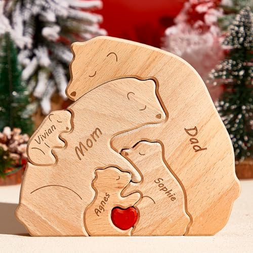 VEELU Personalisiertes Holzkunstpuzzle der Bärenfamilie mit 2-9 Namen | Familien Geschenke für Mama, Oma, Papa, Mutter zum Muttertag & Vatertag | Holz Bär Desktop Ornament Home Tischdekoration