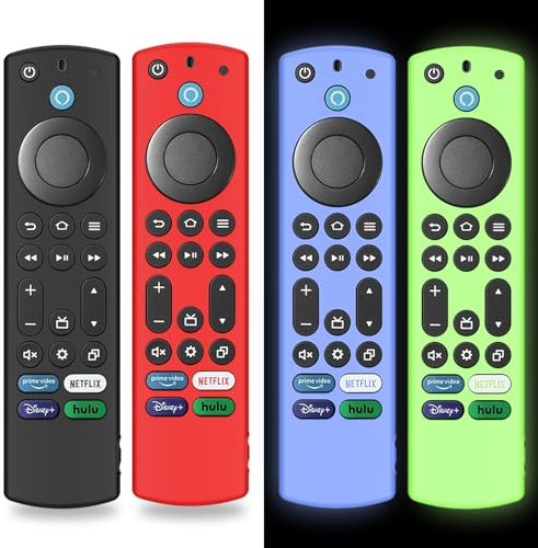 Lot de 4 coques en silicone pour télécommande vocale Alexa Firestick 4K Max (2nde)/Insignia/Pioneer/Omni (QLED) série Alexa améliorée avec cordon de serrage (noir + rouge + bleu brillant + vert