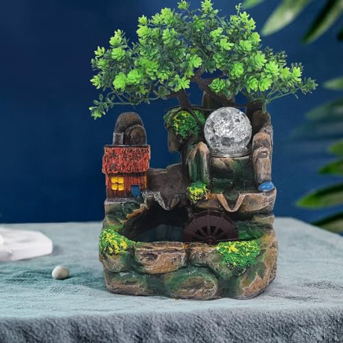 Treeisland LED-Beleuchteter Klein Tischbrunnen Wasserfall Desktop Zimmerbrunnen für Wohnzimmer, Schlafzimmer, Büro, 20x16x27 cm