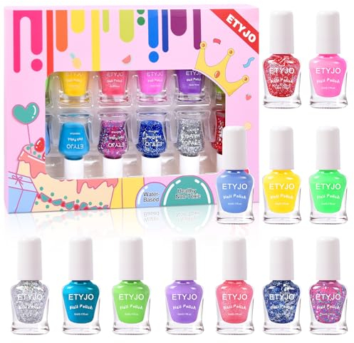 ETYJO Kind Nagellack 12 Farben Peel-Off Nagellack für Kinder, Wasserbasis, Schnelltrocknend, Nail Art Geschenkset