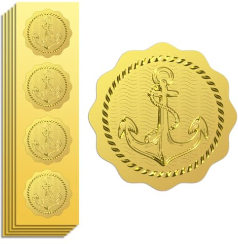 Peacoblue 100Pcs Envelope Gold Foil Seals Self Adhesive Stickers | Anchor Gold Embossed Stickers for Embossing Seals,Gift Card and Present Decoration