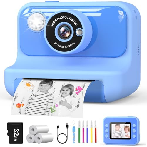 Hangrui Appareil Photo Instantané Enfant, 2.4 Écran Appareil Photo Enfant avec Carte 32G & Papier Photo, HD 1080P Vidéo Caméra Enfant,Noël Anniversaire Cadeau pour Filles Garçons 3-10 Ans (Bleu)
