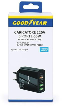 Goodyear Caricatore Telefono 220V 5 Porte: 3 USB + 2 USB-C, 65W, Caricabatterie da Muro per Smartphone, Tablet, Pc, Power Bank, ECC.