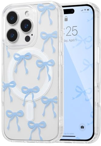 UEEBAI Magnetisch Hülle für iPhone 13 Pro, Blau | Schleife Transparente Handyhülle mit Kabelloses Laden, Kameraschutz Anti-Vergilbung Schutzhülle, Stoßfeste Bumper Cover Case