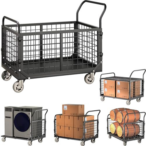 Platform Truck with Cage,5-in-1 Collapsible Heavy-Duty Push Cart Dolly Load 1800 LB,Large Flatbed Hand Truck for Grocery/Laundry/Stall/Storage