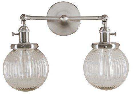 Lámpara de pared moderna industrial vintage doble con pantalla de vidrio transparente acanalado para bar, cocina, loft, lámpara de pared cepillada