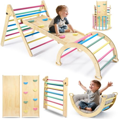 Naxudcoo Toddler Climbing Frame With Mat：5 In 1 Rainbow Wooden Toddler Climbing Toys Pikler Triangle Set, Montessori Toys For Children, Climbing Toys Indoor Climbing Frame For 1-3 Year Toddlers