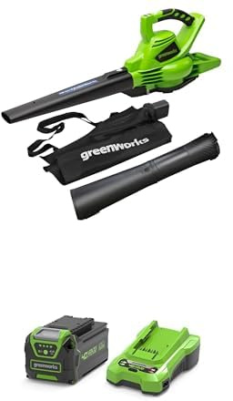 Greenworks 40V Aspirateur Souffleur sans Fil de Feuilles à Batterie avec Moteur sans Balais, 280 km/h, 9,63 m³/Min, Sac pour Mulching de 45L, Deux Batteries 4Ah et Chargeur, Garantie 3 Ans GD40BVK2X