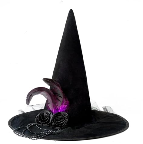 VEYLIN Halloween Hexenhut,Schwarze Hexenhut für Damen mit Federn & Rose – Elegantes Hexenkostüm Accessoire für Halloween, Karneval & Fasching