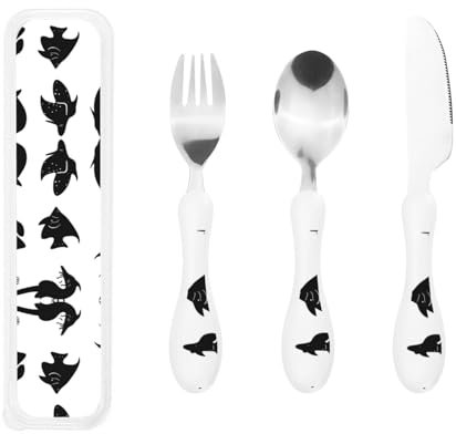 Black and White Fish Print Knife, Fork and Spoon Set - Stainless Steel Flatware Set, Birthday Parties, and More â€“ Adorable