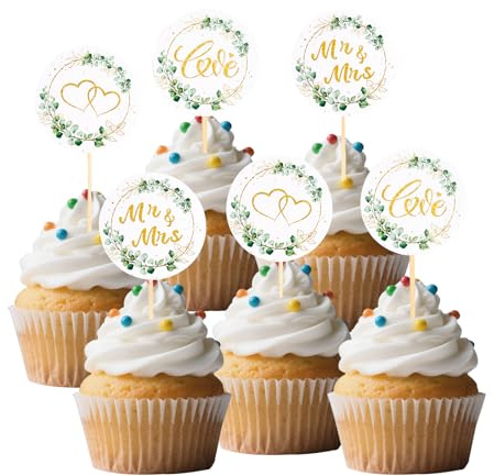 Gleevio Mr & Mrs Cupcake Topper Hochzeit, 24 Stück Tortendeko Hochzeit | Mr und Mrs Tortenstecker,Hochzeitstorte Deko,Muffin Deko Mr Mrs Tortenstecker 5x10,2cm für Antrag,Verlobung,Hochzeitsfeier