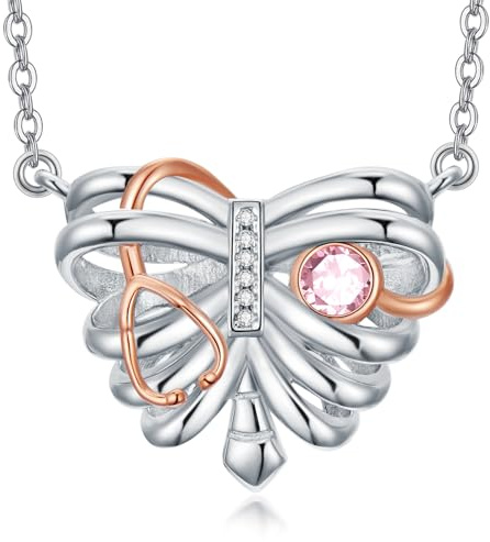 HARMONY BOLA Silber Hermesstab Engel Anhänger Stethoskop mit Zirkonia Rippen Stethoskop Halskette Schmuck Dankeschön für Krankenschwester Ärzte Frauen Mädchen, 45,7 cm + 5,1 cm Kette
