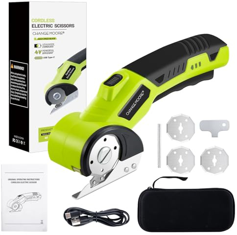 CHANGEMOORE 5V Cordless Electric Scissors for Cutting Fabric Cardboard, Replacement 3 Blades, LED Light & Safety Lock, Charger, Storage Box, Rotary Cardboard Cutter for Box, Plastic, Carpet A