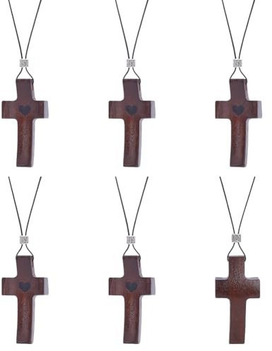 UNICRAFTALE 6 Stück Holzkreuz Halsketten Aus Nylonschnur Mit Kruzifix Anhänger Halsketten Für Männer Und Frauen Kokosnussbraunes Kreuz Zum Aufhängen Im Auto 42cm
