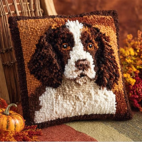 Taxpy Animal Latch Hook Kit Cushion,Springer Spaniel Dog,17X17Inch Pre-Printed DIY Pillow Materials Hooks Knitted Embroidered Pillow Embroidery Latch Hook Carpet for Adults