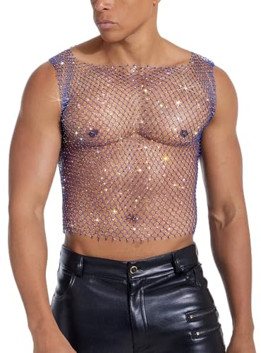 RuiChy Top de Red Corto para Hombres Chaleco Sexy con Lentejuelas Camisa Transparente sin Mangas Camiseta Manga Raglan con Corteo Ropa de Fiesta y Club para Festivales de Música y Raves