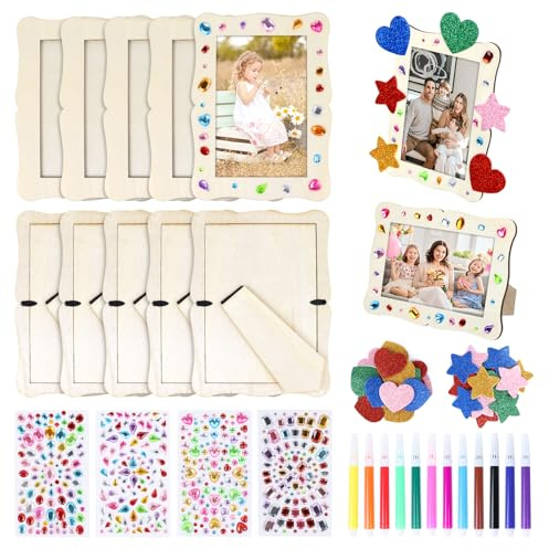KOVSGQ Holzbilderrahmen Zum Bemalen Diy Bilderrahmen Bilderrahmen Basteln Kinder 10Stk 14x19cm mit 12 Wasserfarben 4 Sorten Glitzersteinen 2Stk 3D Aufkleber für Kinder Geburtstage Geschenke