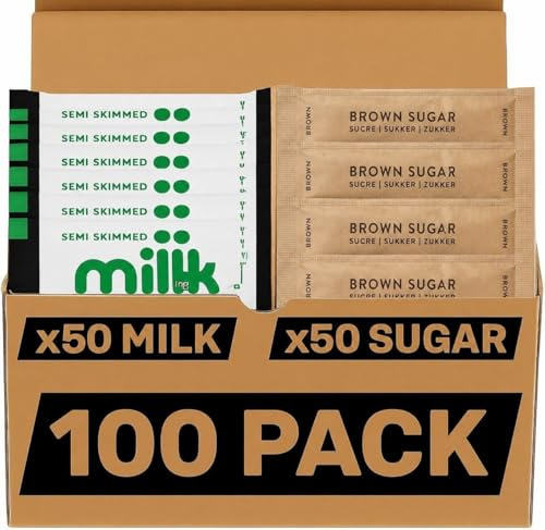 100 Sachets Bundle: Long Life Semi Skimmed Milk & Sugar Sticks, 50x Individual Milk and 50x Brown Sugar Portions for Coffee, Tea – Ideal for Office, Travel, Camping & Home Use