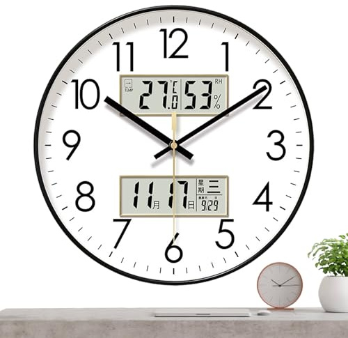 Wall Clock Silent - Pvc Round Lighted Display, Modern Digital Calendar | Large Temperature Humidity Night Light, for Kitchen Bedroom Livingroom Hallway Classroom Bathroom Office Hotel Apartment Decor